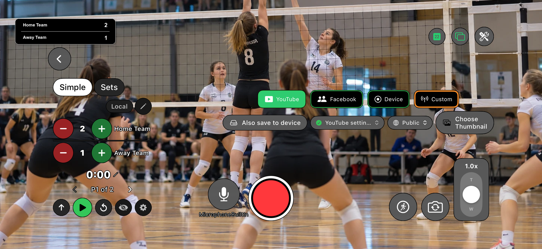 The EasySportStream streaming screen on an iPhone during a volleyball match: a Home and Away scoreboard in the corner of the video, Simple or Sets scoring buttons, a record button, a zoom control, and YouTube, Device or Custom as the destination with a visibility setting.