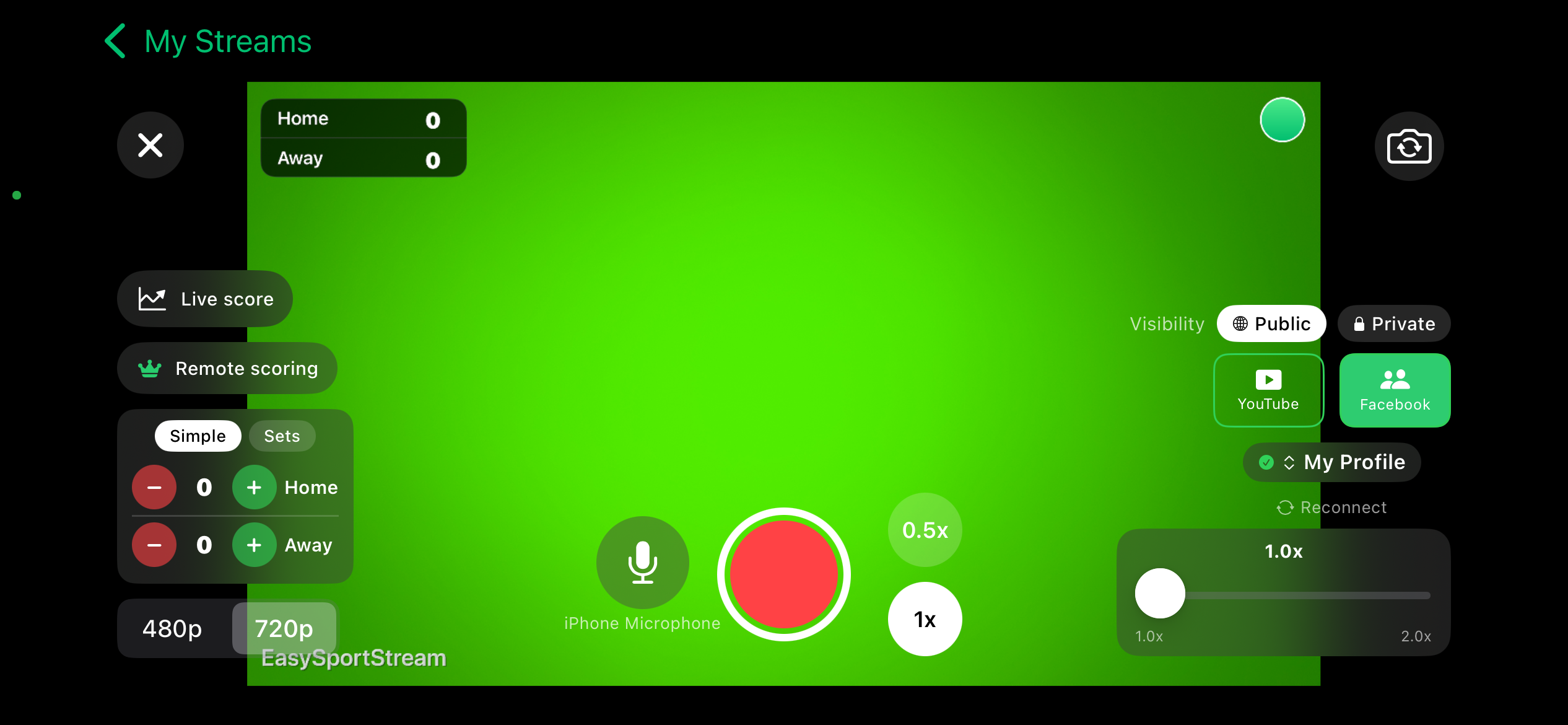 The EasySportStream streaming screen on an iPhone: a scoreboard with Home and Away scores in the corner of the video, plus controls for live score, remote scoring, Simple or Sets scoring, 480p or 720p quality, Public or Private visibility and YouTube or Facebook as the destination.